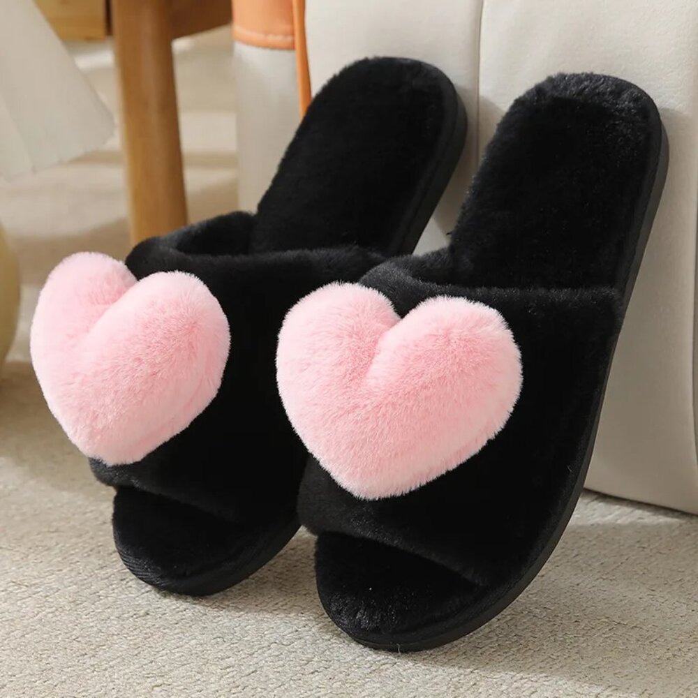 2/$30 NWT Fuzzy Heart Slippers Black Pink Plush Open Toe Cozy House Shoes 10/11